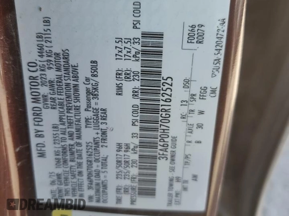 2016 Ford Fusion SE with VIN 3FA6P0H70GR162525, listed as a Copart auction lot 53445495 with 96,618 mi miles and Salvage title. Bid and sale history available at DreamBid. Image 14.