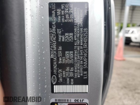 2024 Hyundai Santa Fe SE with VIN 5NMP14GL3RH052528, listed as a Copart auction lot 59077695 with 8,655 mi miles and Salvage title. Bid and sale history available at DreamBid. Image 13.