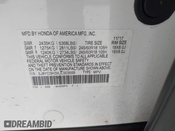 2018 Acura MDX with VIN 5J8YD3H3XJL003559, listed as a IAAI auction lot 41681190 with 118,863 mi miles and . Bid and sale history available at carsss.com. Image 9.