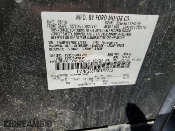 2016 Ford Taurus SEL with VIN 1FAHP2E87GG137713, listed as a Copart auction lot 52519035 with 134,227 mi miles and Salvage Title. Bid and sale history available at DreamBid. Image 13.