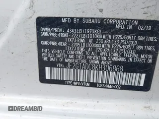 2019 Subaru Crosstrek Premium with VIN JF2GTADC8KH306868, listed as a IAAI auction lot 42262356 with 127,592 mi miles and . Bid and sale history available at DreamBid. Image 9.