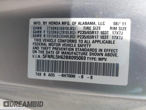 2011 Honda Odyssey EX-L с VIN 5FNRL5H62BB095069, выставлен на аукционе IAAI как лот 42420370 с пробегом 362 497 миль миль и . История ставок и продаж доступна на DreamBid. Изображение 9.