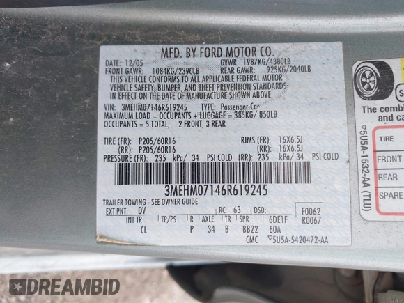 2006 Mercury Milan with VIN 3MEHM07146R619245, listed as a IAAI auction lot 42433773 with 177,102 mi miles and . Bid and sale history available at DreamBid. Image 9.