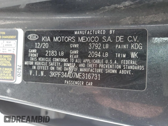 2021 Kia Forte GT-Line with VIN 3KPF34AD7ME316731, listed as a Copart auction lot 43587045 with 149,528 mi miles and Salvage Title. Bid and sale history available at carsss.com. Image 13.