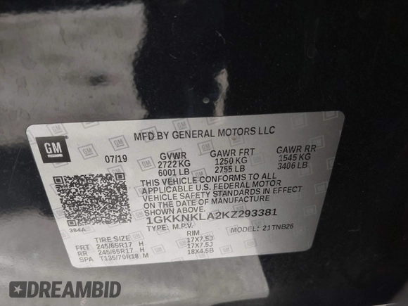 2019 GMC Acadia SLE with VIN 1GKKNKLA2KZ293381, listed as a IAAI auction lot 41378807 with 143,131 mi miles. Bid and sale history available at carsss.com. Image 9.