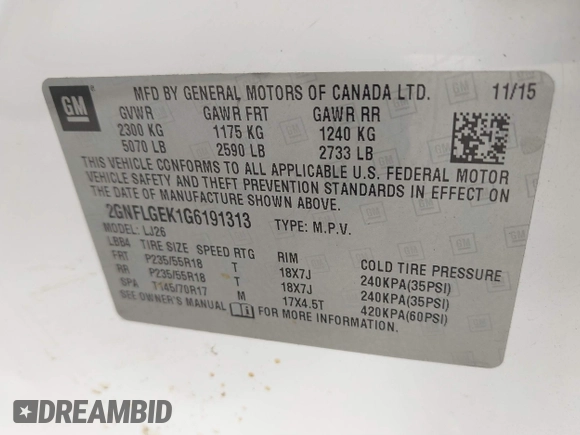 2016 Chevrolet Equinox LTZ with VIN 2GNFLGEK1G6191313, listed as a IAAI auction lot 41746077 with 161,904 mi miles. Bid and sale history available at carsss.com. Image 9.