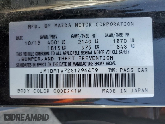 2016 Mazda 3 i Touring with VIN JM1BM1V72G1296409, listed as a Copart auction lot 59008785 with 124,738 mi miles and Salvage title. Bid and sale history available at DreamBid. Image 12.