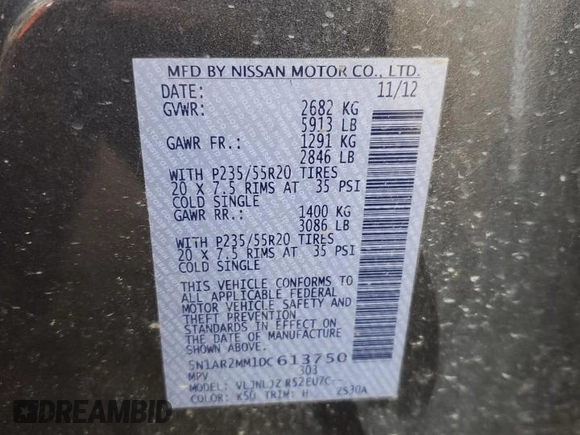 2013 Nissan Pathfinder Platinum with VIN 5N1AR2MM1DC613750, listed as a Copart auction lot 61390135 with 150,007 mi miles and Salvage title. Bid and sale history available at DreamBid. Image 12.