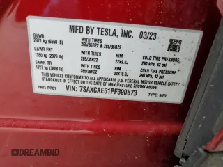 2023 Tesla Model X with VIN 7SAXCAE51PF390573, listed as a Copart auction lot 47499385 with Not Provided miles and Salvage Title. Bid and sale history available at DreamBid. Image 12.