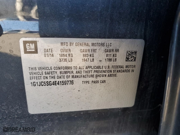 2014 Chevrolet Sonic LT with VIN 1G1JC5SG4E4159776, listed as a Copart auction lot 50043465 with 98,245 mi miles and Salvage Title. Bid and sale history available at carsss.com. Image 12.