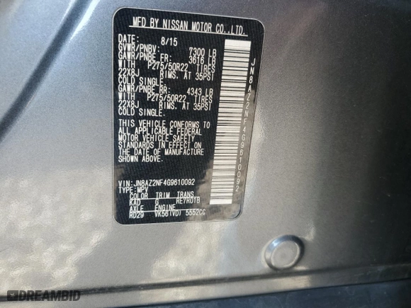 2016 Infiniti QX80 with VIN JN8AZ2NF4G9610092, listed as a Copart auction lot 86303234 with 149295 miles and Salvage Title. Bid and sale history available at carsss.com. Image 13.