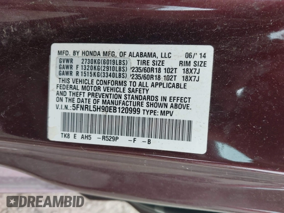 2014 Honda Odyssey Touring with VIN 5FNRL5H90EB120999, listed as a IAAI auction lot 42541370 with 96,454 mi miles and . Bid and sale history available at DreamBid. Image 9.