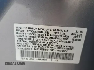 2016 Honda Pilot EX-L with VIN 5FNYF6H52GB051936, listed as a Copart auction lot 56163925 with 162,402 mi miles and Clean Title. Bid and sale history available at DreamBid. Image 13.