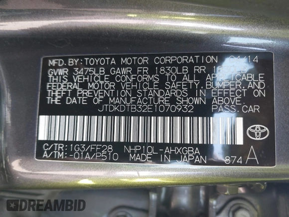 2014 Toyota Prius One z VIN JTDKDTB32E1070932, wystawiony jako IAAI lot #41950966 z przebiegiem 93 952 mil mil oraz . Historia ofert i sprzedaży dostępna na DreamBid. Obrazek 9.