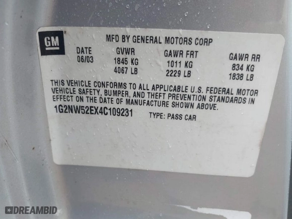 2004 Pontiac Grand Am GT with VIN 1G2NW52EX4C109231, listed as a IAAI auction lot 41845165 with 135,735 mi miles. Bid and sale history available at carsss.com. Image 9.