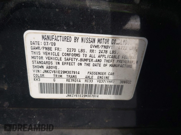 2009 Infiniti G37 Journey with VIN JNKCV61E29M307914, listed as a IAAI auction lot 41756849 with Not Provided miles and . Bid and sale history available at carsss.com. Image 9.