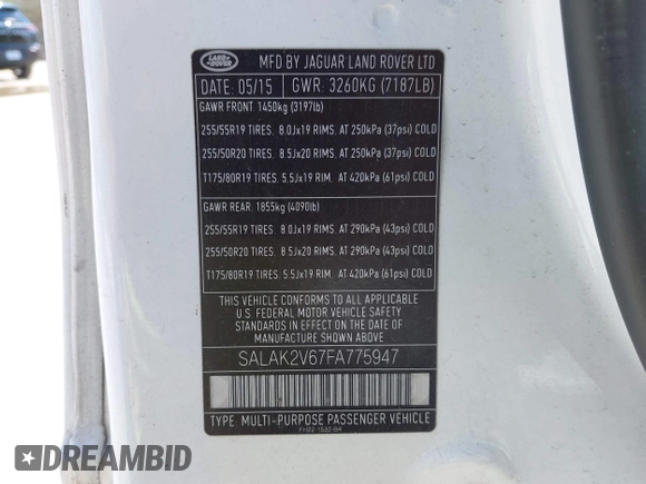 2015 Land Rover LR4 Lux with VIN SALAK2V67FA775947, listed as a IAAI auction lot 42038771 with 164,957 mi miles and . Bid and sale history available at DreamBid. Image 9.