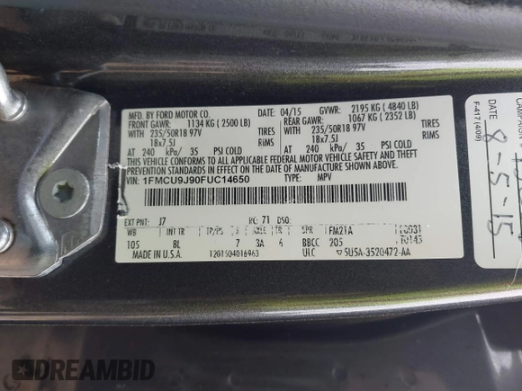 2015 Ford Escape Titanium with VIN 1FMCU9J90FUC14650, listed as a IAAI auction lot 41992858 with 158,963 mi miles and . Bid and sale history available at DreamBid. Image 9.