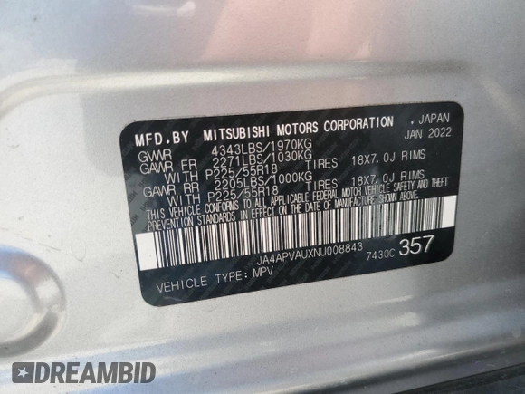 2022 Mitsubishi Outlander SE with VIN JA4APVAUXNU008843, listed as a Copart auction lot 69317784 with 33,638 mi miles and Salvage title. Bid and sale history available at DreamBid. Image 16.