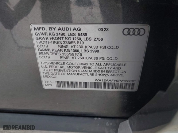2023 Audi Q5 S line Premium Plus with VIN WA1EAAFY0P2126891, listed as a IAAI auction lot 41219129 with 14,011 mi miles. Bid and sale history available at carsss.com. Image 9.
