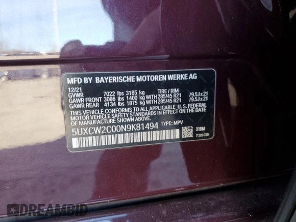2022 BMW X7 xDrive40i z VIN 5UXCW2C00N9K81494, wystawiony jako Copart lot #51406425 z przebiegiem Nie podano mil oraz Szkoda całkowita • Salvage title. Historia ofert i sprzedaży dostępna na DreamBid. Obrazek 14.