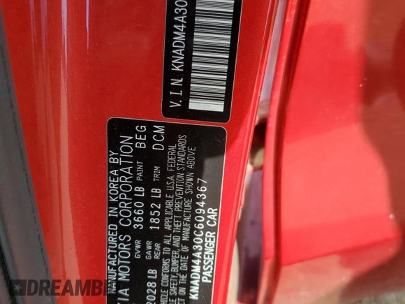 2012 Kia Rio LX with VIN KNADM4A30C6094367, listed as a Copart auction lot 52684565 with 108,915 mi miles and Salvage Title. Bid and sale history available at carsss.com. Image 12.