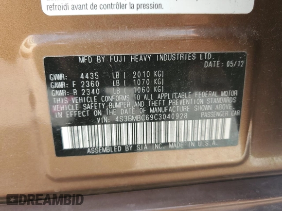 2012 Subaru Legacy Premium with VIN 4S3BMBC69C3040928, listed as a Copart auction lot 51605795 with 76,477 mi miles and Salvage Title. Bid and sale history available at DreamBid. Image 14.