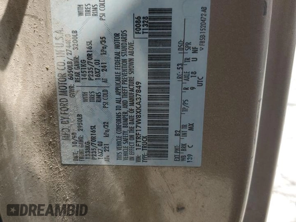 1999 Ford F-150 with VIN 1FTRF17W8XKA37849, listed as a Copart auction lot 58383265 with Not provided miles and Salvage title. Bid and sale history available at DreamBid. Image 12.