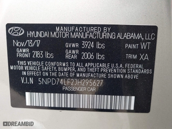 2018 Hyundai Elantra SE with VIN 5NPD74LF2JH295627, listed as a IAAI auction lot 41901934 with 114,008 mi miles. Bid and sale history available at carsss.com. Image 9.