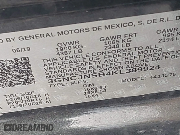 2019 Chevrolet Trax LS with VIN 3GNCJNSB4KL389924, listed as a IAAI auction lot 41662725 with 86,061 mi miles. Bid and sale history available at carsss.com. Image 9.