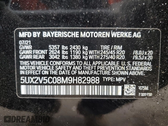 2021 BMW X4 M40i z VIN 5UX2V5C08M9H82988, wystawiony jako Copart lot #88169095 z przebiegiem 61 826 mil mil oraz Szkoda całkowita • Salvage title. Historia ofert i sprzedaży dostępna na DreamBid. Obrazek 13.