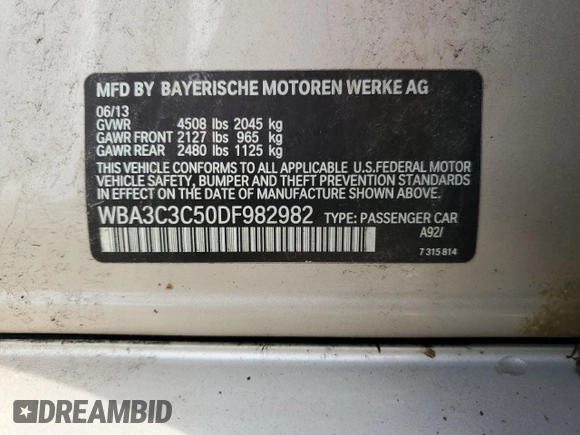 2013 BMW 3 Series 320i xDrive with VIN WBA3C3C50DF982982, listed as a Copart auction lot 62883045 with 189,875 mi miles and Clean title. Bid and sale history available at DreamBid. Image 12.