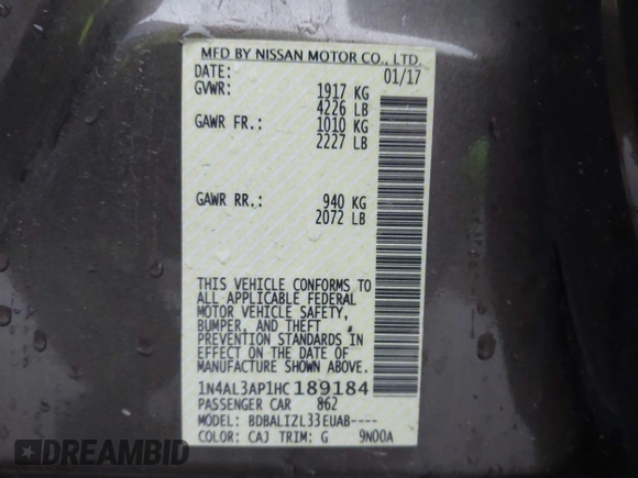 2017 Nissan Altima S z VIN 1N4AL3AP1HC189184, wystawiony jako IAAI lot #42073216 z przebiegiem 136 633 mil mil oraz . Historia ofert i sprzedaży dostępna na DreamBid. Obrazek 9.