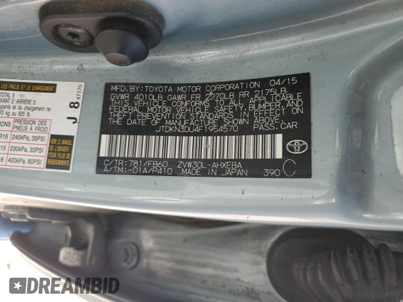 2015 Toyota Prius Four with VIN JTDKN3DU4F1954570, listed as a Copart auction lot 54251955 with 182,203 mi miles and Clean Title. Bid and sale history available at carsss.com. Image 12.