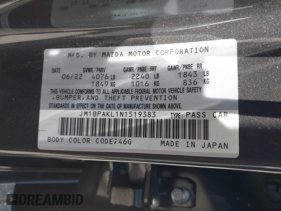 2022 Mazda 3 Select z VIN JM1BPAKL1N1519383, wystawiony jako IAAI lot #39742243 z przebiegiem 20 080 mil mil oraz . Historia ofert i sprzedaży dostępna na DreamBid. Obrazek 9.