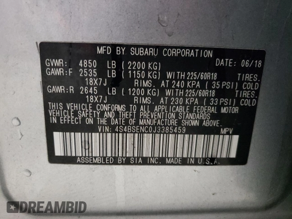 2018 Subaru Outback Limited with VIN 4S4BSENC0J3385459, listed as a Copart auction lot 57396385 with 128,376 mi miles and Salvage title. Bid and sale history available at DreamBid. Image 13.