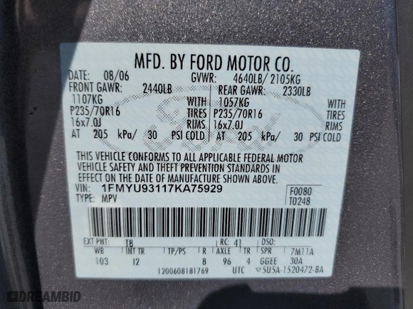 2007 Ford Escape XLT with VIN 1FMYU93117KA75929, listed as a Copart auction lot 48467515 with 156,386 mi miles and Salvage Title. Bid and sale history available at carsss.com. Image 15.