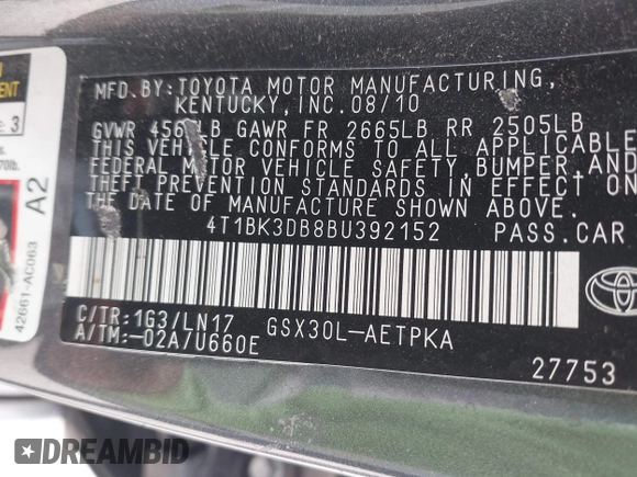 2011 Toyota Avalon with VIN 4T1BK3DB8BU392152, listed as a IAAI auction lot 41991123 with 147,297 mi miles and . Bid and sale history available at carsss.com. Image 9.
