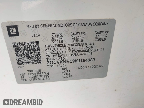 2019 Chevrolet Silverado 1500 Work Truck with VIN 2GCVKNEC9K1164080, listed as a IAAI auction lot 42221500 with 59,875 mi miles and . Bid and sale history available at DreamBid. Image 9.