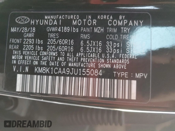 2018 Hyundai Kona SE with VIN KM8K1CAA9JU155084, listed as a Copart auction lot 42140555 with 105,767 mi miles and Salvage Title. Bid and sale history available at carsss.com. Image 12.