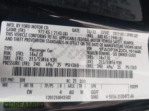 2013 Ford Focus SE with VIN 1FADP3K23DL161448, listed as a IAAI auction lot 41788061 with 184,542 mi miles. Bid and sale history available at carsss.com. Image 9.