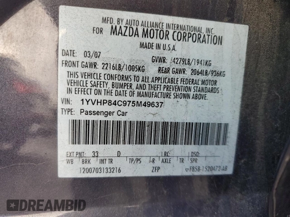 2007 Mazda 6 i Sport VE with VIN 1YVHP84C975M49637, listed as a Copart auction lot 85753394 with 125,622 mi miles and Salvage Title. Bid and sale history available at DreamBid. Image 12.