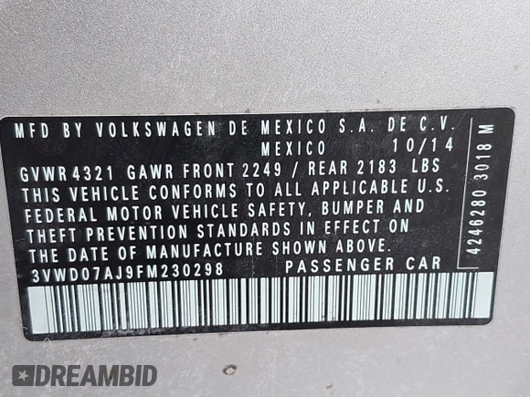 2015 Volkswagen Jetta SE with VIN 3VWD07AJ9FM230298, listed as a IAAI auction lot 42139675 with 108,025 mi miles and . Bid and sale history available at DreamBid. Image 9.