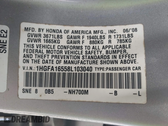 2008 Honda Civic LX with VIN 1HGFA16558L103040, listed as a IAAI auction lot 42170316 with 205,860 mi miles and . Bid and sale history available at DreamBid. Image 9.