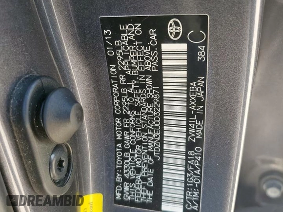 2013 Toyota Prius Two with VIN JTDZN3EU0D3229871, listed as a Copart auction lot 53303985 with 130,420 mi miles and Salvage Title. Bid and sale history available at DreamBid. Image 12.