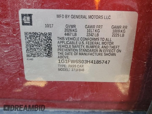 2017 Chevrolet Bolt EV LT with VIN 1G1FW6S03H4185747, listed as a Copart auction lot 54933095 with 146,048 mi miles and Salvage title. Bid and sale history available at DreamBid. Image 12.