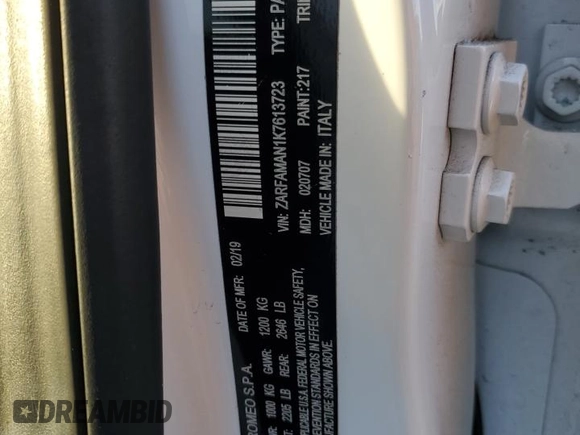 2019 Alfa Romeo Giulia Sport with VIN ZARFAMAN1K7613723, listed as a Copart auction lot 83711424 with 0 mi miles and Salvage Title. Bid and sale history available at carsss.com. Image 12.