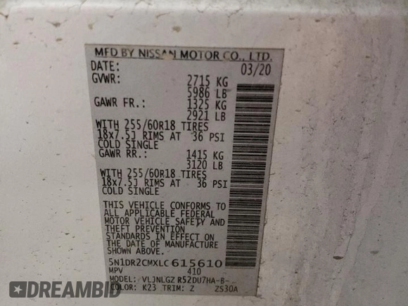 2020 Nissan Pathfinder SL z VIN 5N1DR2CMXLC615610, wystawiony jako Copart lot #47759545 z przebiegiem 58 269 mil mil oraz Szkoda całkowita • Salvage title. Historia ofert i sprzedaży dostępna na DreamBid. Obrazek 15.