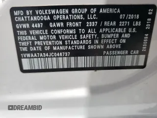 2018 Volkswagen Passat S z VIN 1VWAA7A34JC046737, wystawiony jako Copart lot #54478135 z przebiegiem 70 530 mil mil oraz Nie do naprawy • Non repairable. Historia ofert i sprzedaży dostępna na DreamBid. Obrazek 13.