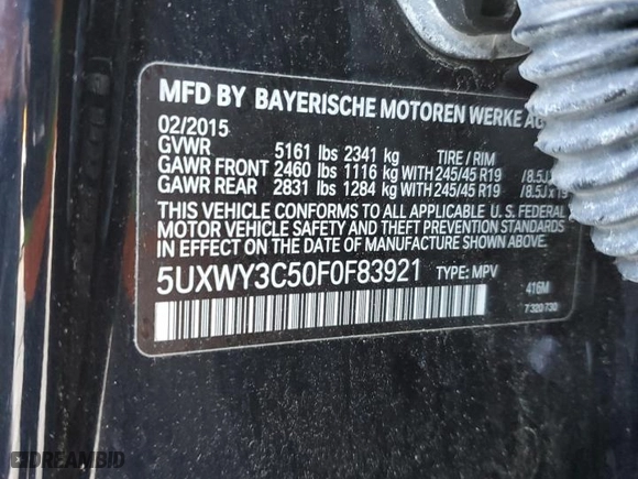 2015 BMW X3 xDrive28d with VIN 5UXWY3C50F0F83921, listed as a Copart auction lot 45302345 with 75,787 mi miles and Salvage Title. Bid and sale history available at carsss.com. Image 13.